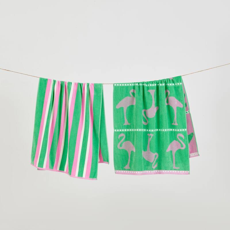 Luxurious Cotton Printed Beach Towel - 2 Pack- 30" x 60" - Flamingo Green / Pink