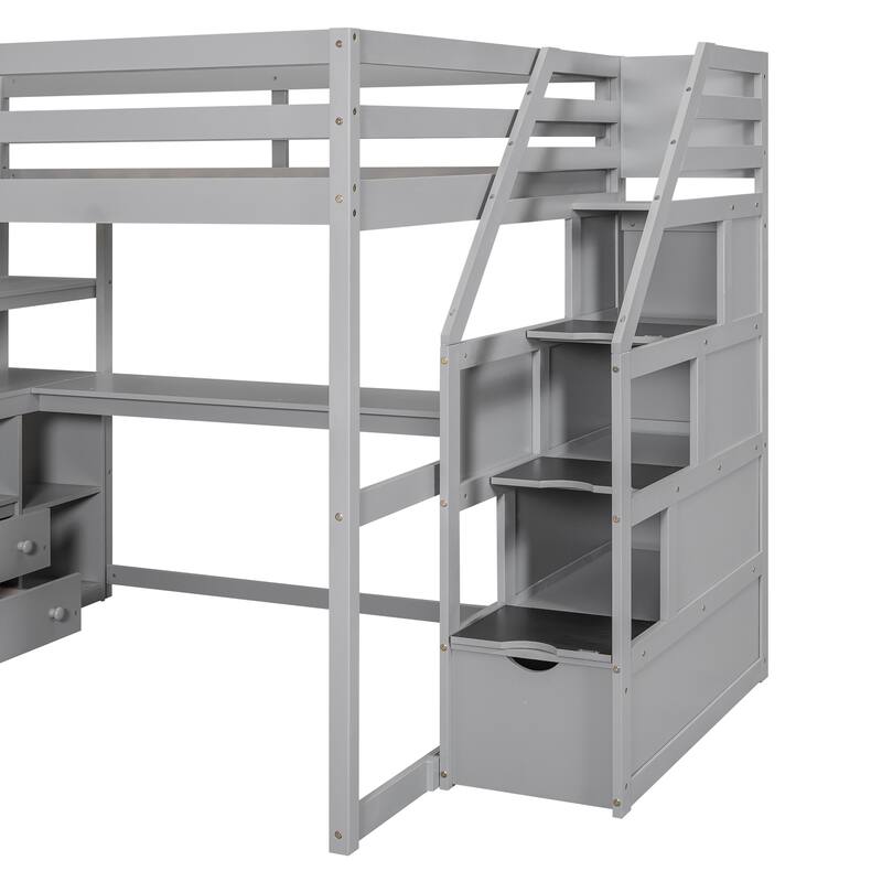 Full Size Loft Bed with Desk, Shelves, Drawers, and Storage Staircase in Gray