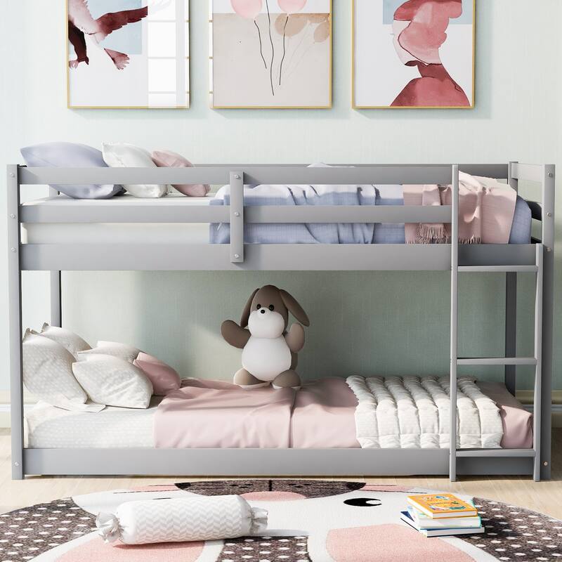 Twin over Twin Floor Bunk Bed with Ladder, Gray