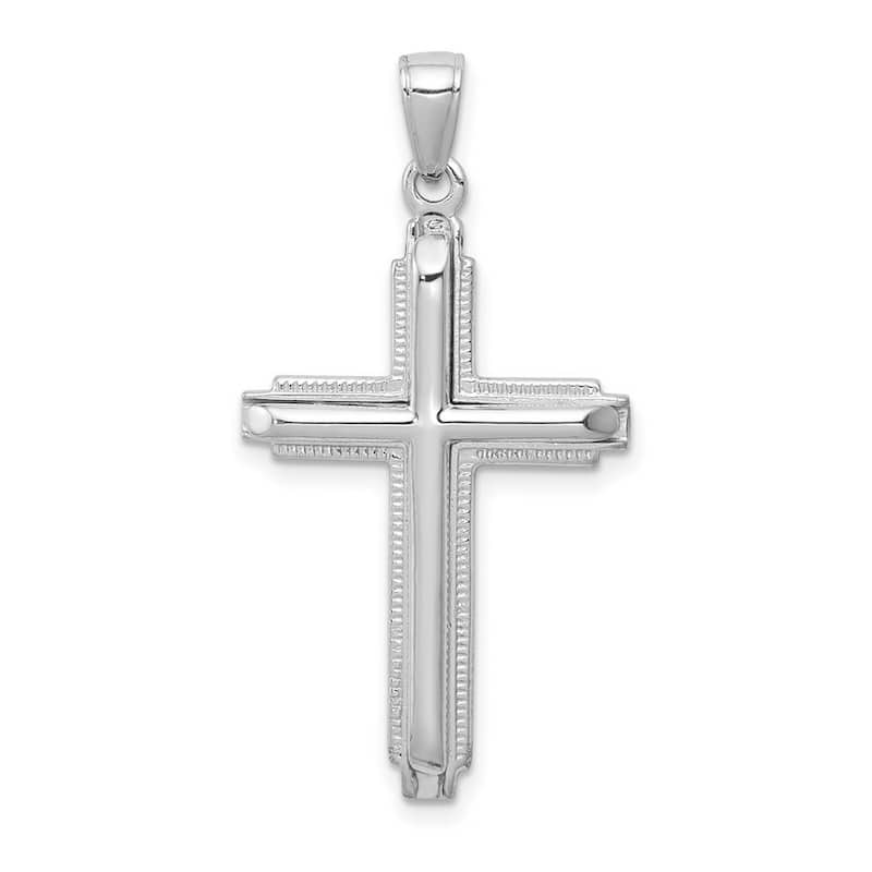Curata 14k White Gold 18" Beaded Trimmed Polished Cross Pendant Necklace (14mm x 34mm)