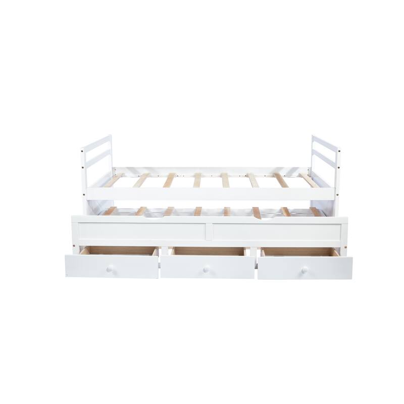 Roomfitters Twin Bed Frame with Headboard and Footboard, Pull-Out Trundle and Underbed Storage, Pine Wood Platform Bed