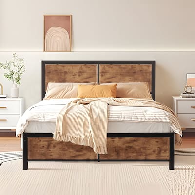 Javlergo Industrial Platform Bed Frame with Wood Headboard and Footboard