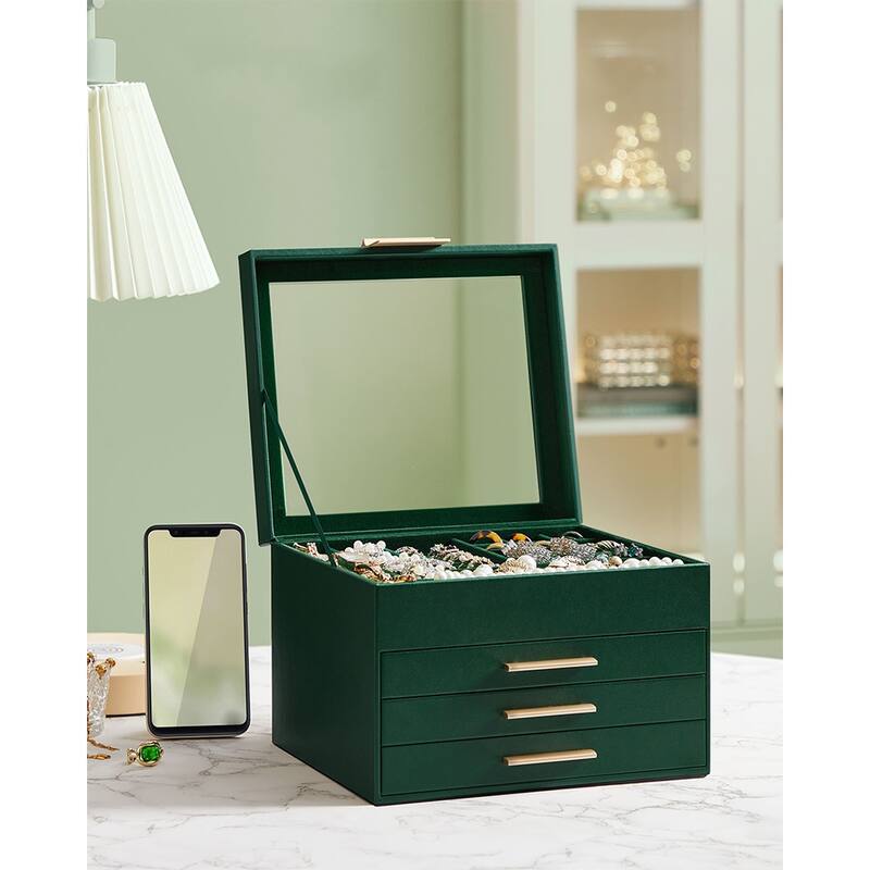 Modern Jewelry Organizer with Multiple Drawers Glass Top and Velvet Interior for Storage