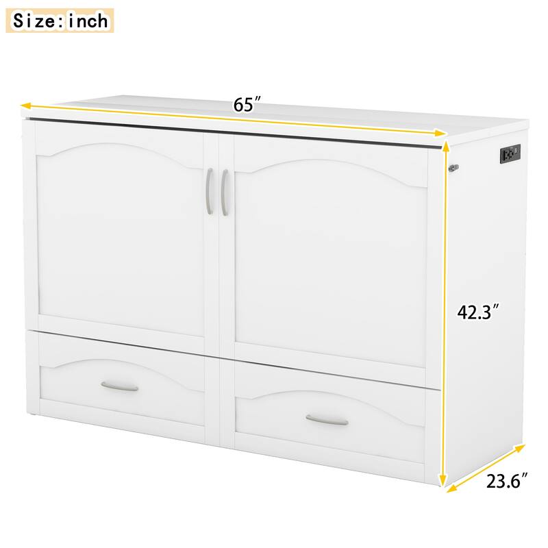 Queen Size Murphy Bed Wall Bed with drawer and a set of Sockets & USB Ports, Pulley Structure Design