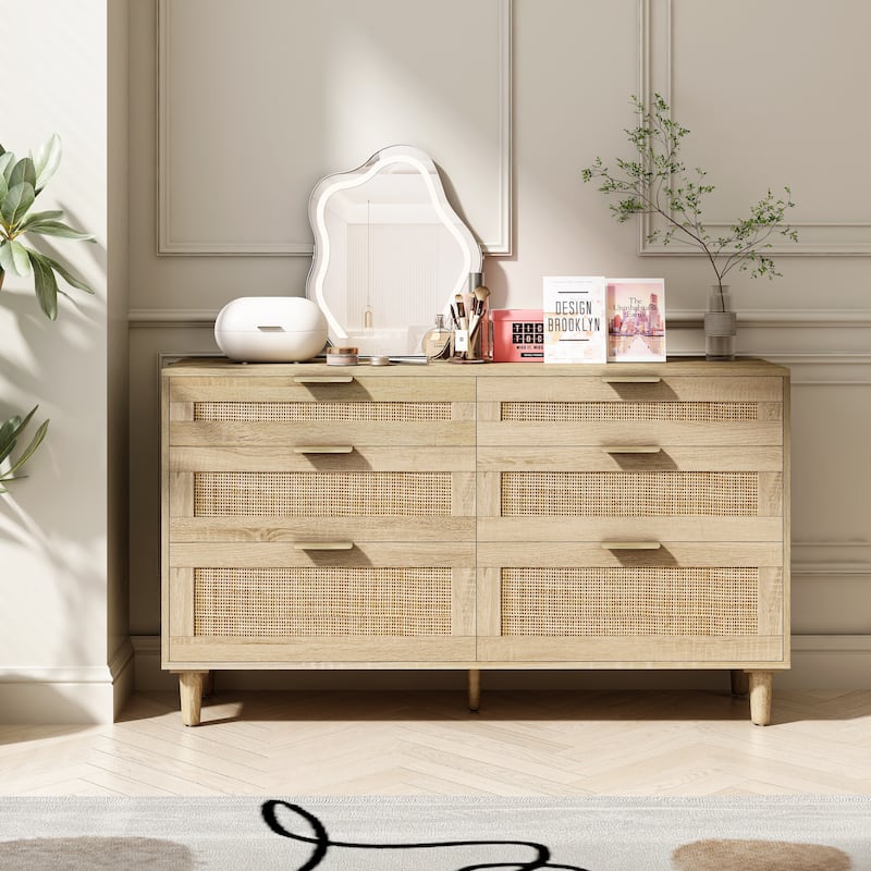 Anmytek Rattan 6 Drawer Dresser with Gold Handles Bohemian Bedroom Storage Chest - Oak