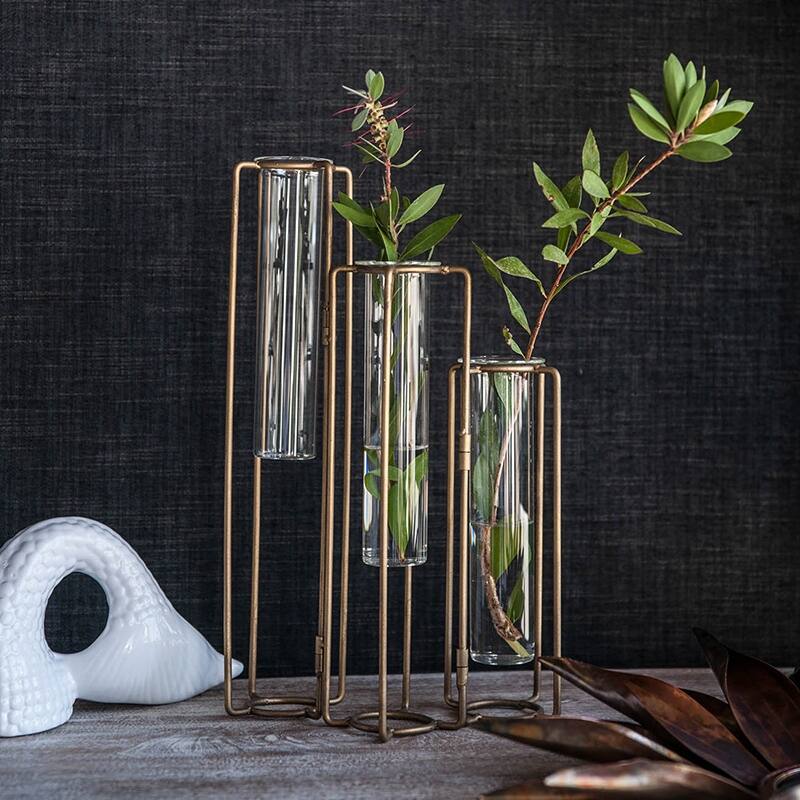 Rossetta Oversized Minimalist Lines Industrial Intrigue 3-Bottle Pedestal Beaker Vase with Metal Frame - Gold