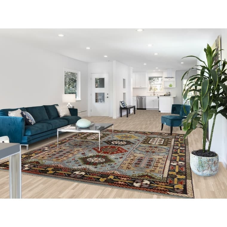 Light Blue Geometric Kazak Indian Area Rug Hand-Knotted Wool Carpet - 8'0"x 10'2"
