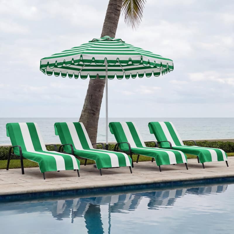 100% Cotton Cabana‑Stripe Lounge Chair Cover Terry Towel with Fitted Pocket & Back Flap Set of 4 - Dark Green