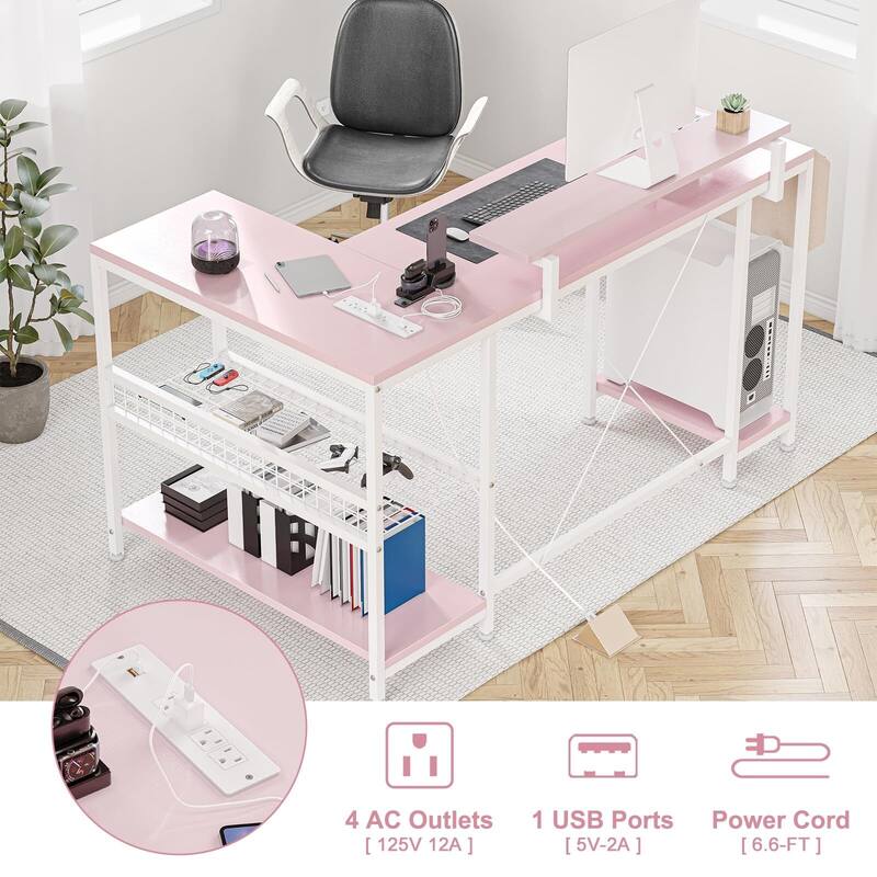 L Shaped Computer Desk with Power Outlets & LED Light, 49.6" Reversible Corner Computer Desk