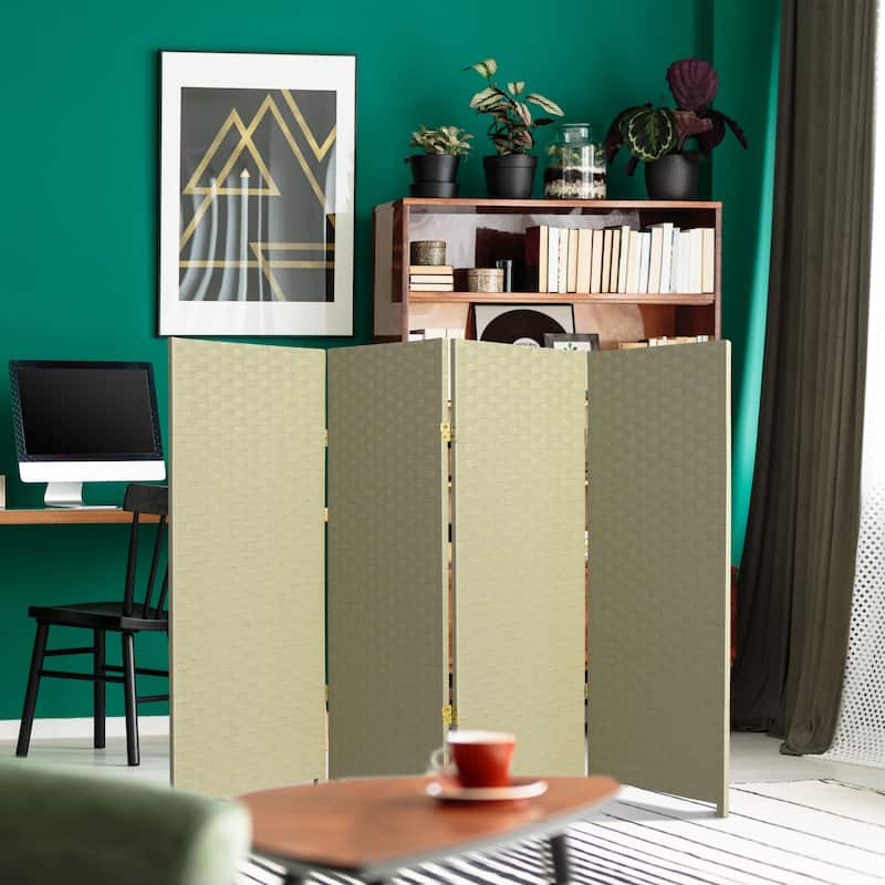Handmade Woven Fiber Four-Panel Four-Foot Room Divider (China) - Cream