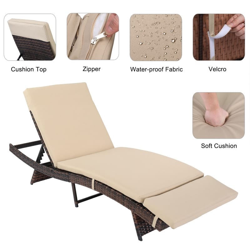 Outdoor Patio Single Adjustable Wicker Chaise Lounge with Cushion