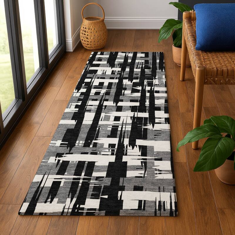 Premium Washable Super Soft Contemporary Plaid Mayfield Rug - Black - 2'3" x 7'6"