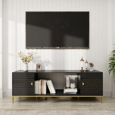 Media Entertainment Center Console with Cabinet Storage and Open Shelves