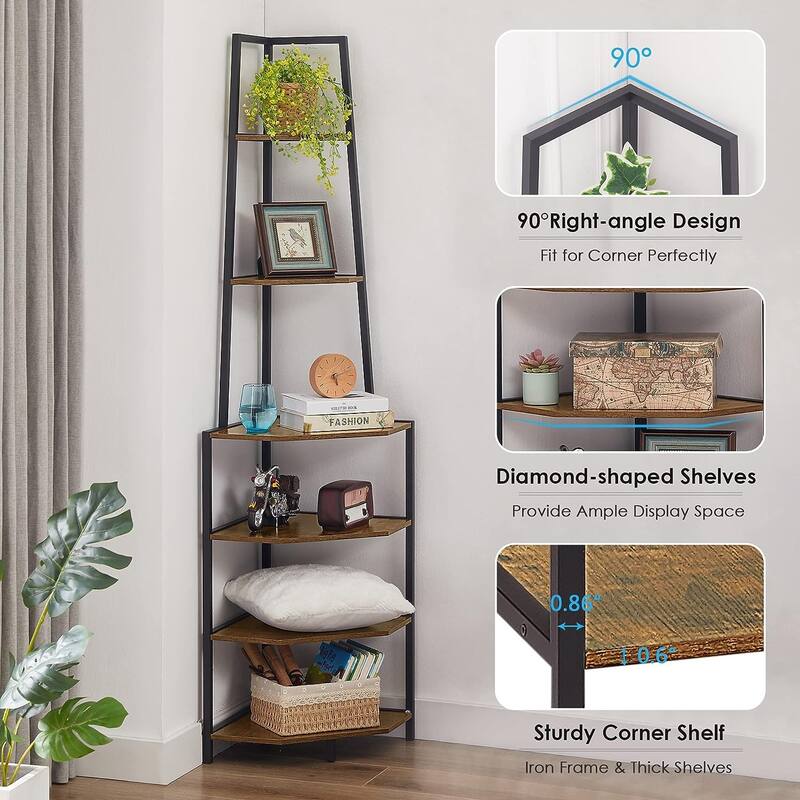 VECELO 6-Tier Corner Bookshelf 68.5" Open Shelves Space-Saving Multifunctional Storage for Living Room Kitchen Balcony