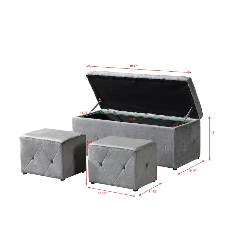 Rectangular Storage Ottoman Short velvet with 2 Set Ottomans