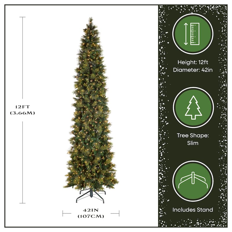 National Tree Company 12 ft Pre-Lit Carolina Pine Slim Artificial Christmas Tree, 1,000 Clear Lights, Includes Stand, Green