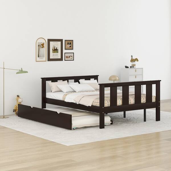 slide 2 of 9, Full Size Classic Modern Design Solid Wood Platform Bed with Pull Out Trundle and Headboard and Footboard Espresso