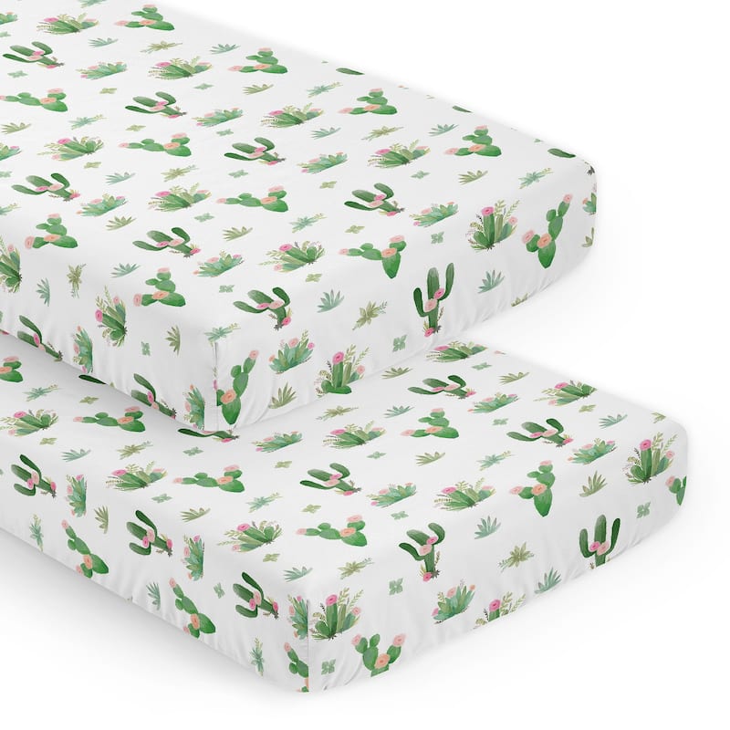 Sweet Jojo Designs Cactus Floral Pink Green Girl 2 Pack Fitted Crib Sheets Boho Bohemian Watercolor Shabby Chic Desert
