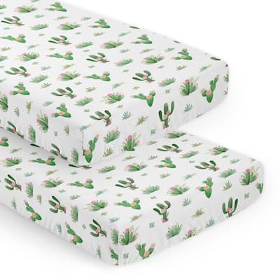 Sweet Jojo Designs Cactus Floral Pink Green Girl 2 Pack Fitted Crib Sheets Boho Bohemian Watercolor Shabby Chic Desert