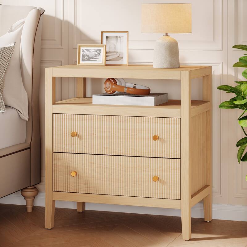 2-Drawer Farmhouse Nightstand, Nightstand with Open Storage Shelf - Brown