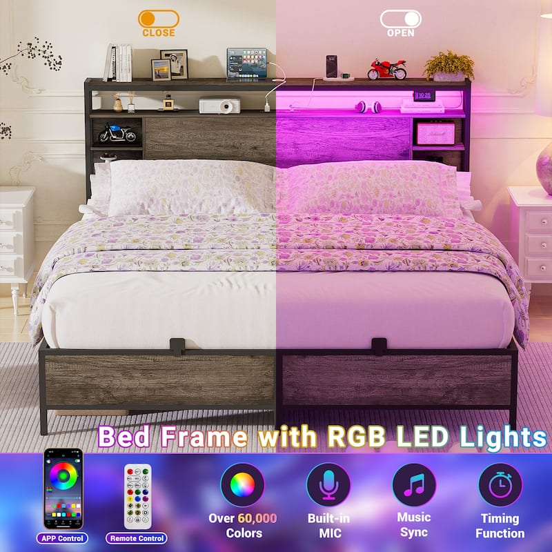 Bed Frame with Charging Station and RGB LED Lights, Sturdy Platform Bed with Storage Headboard,