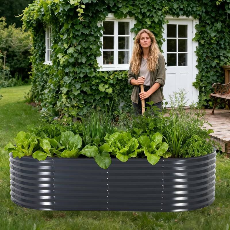8x4x2 ft Oval Galvanized Steel Raised Garden Bed Kit with Zippered Cover - Open-Bottom Planter Gray