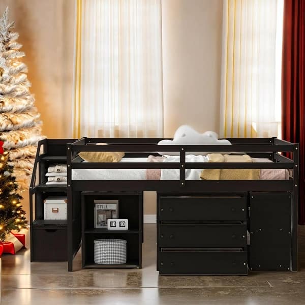 slide 2 of 16, Full Size Loft Bed with Retractable Writing Desk and 3 Drawers, Wooden Loft Bed with Storage Stairs and Shelves,Espresso Espresso