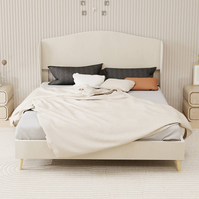 Queen Beige Upholstered Platform Bed Frame with Headboard for Bedroom