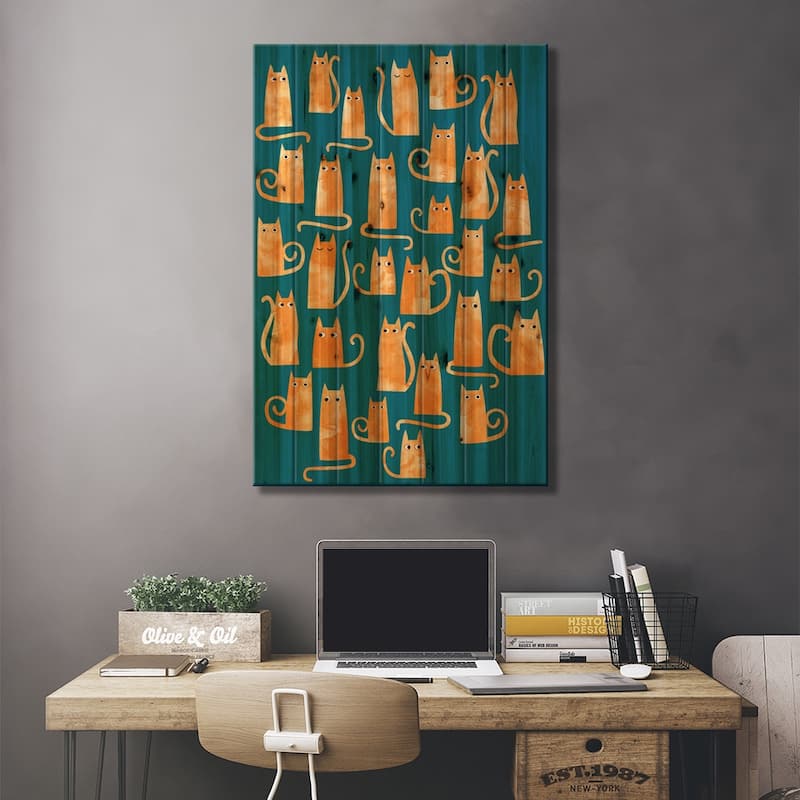 Ginger Cats Watercolor Teal Print On Wood by Nic Squirrell - Multi-Color