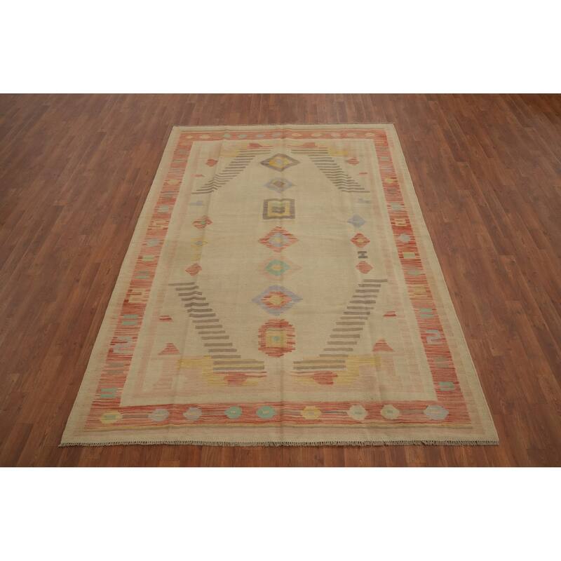 Hand Woven Oriental 100% Wool Carpet Southwestern Tribal Brown Kilim Area Rug - 8' 10'' X 6' 0''