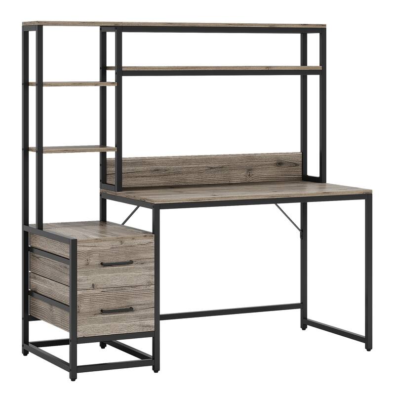 55" Grey Computer Desk with Hutch, 2 Drawers & Open Shelves