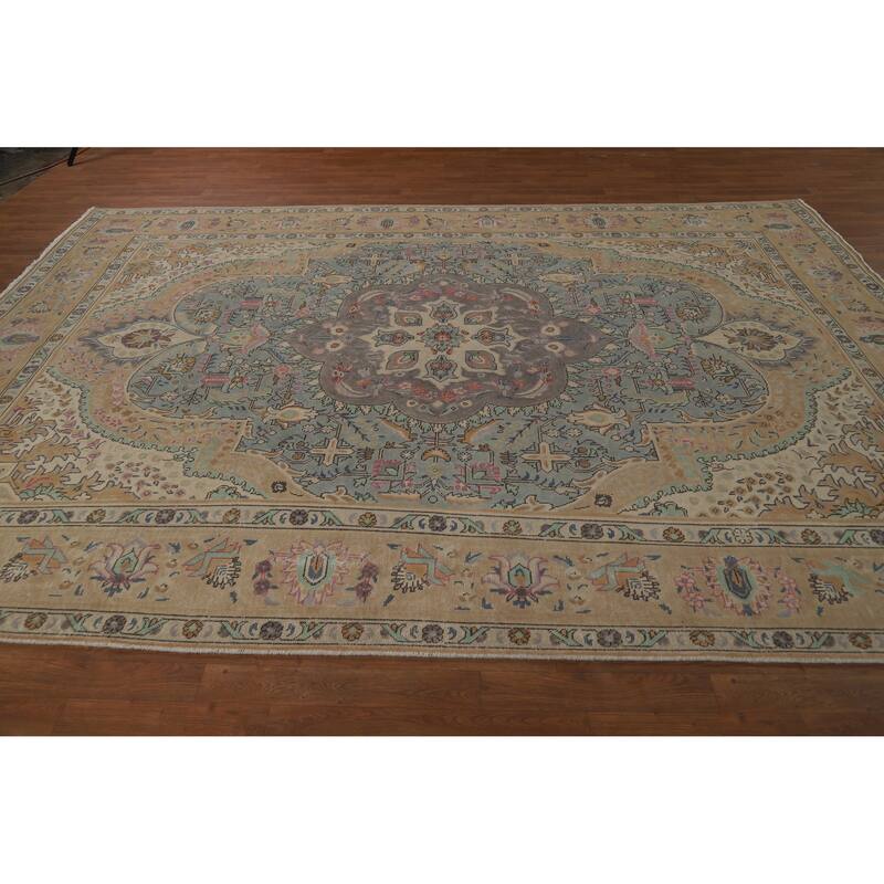 Blue / Medallion Tabriz Persian Vintage Rug Handmade Wool Carpet - 7'11" x 11'1"