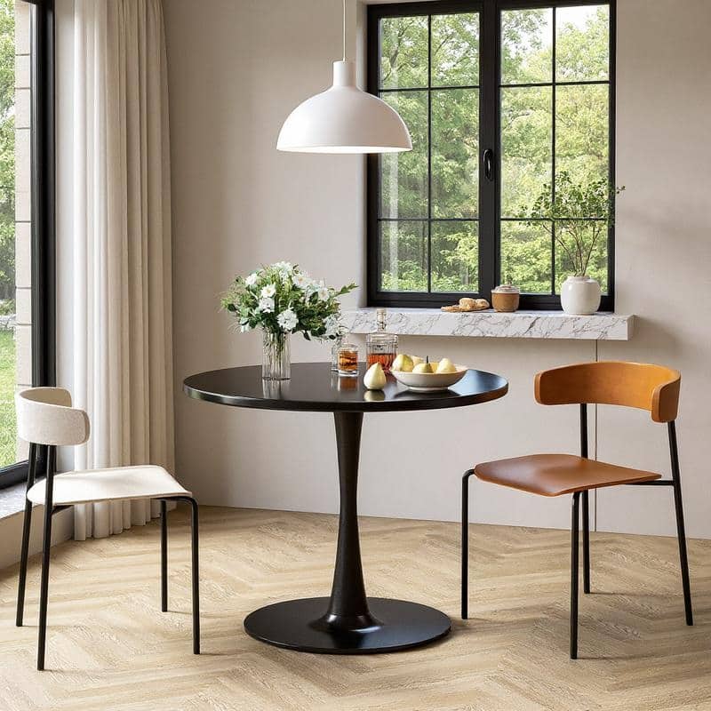 Grondin Mid-Century Modern Round Kitchen or Dining Table with Premium MDF Top and Steel Pedestal Base for Dining Room - Black - 31.5" Dia