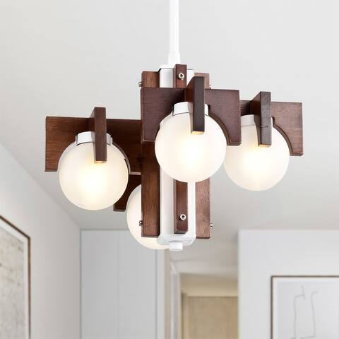 12" Tripner White Finish and Stained Wood Pendant Ceiling Lamp with Opaque Globes