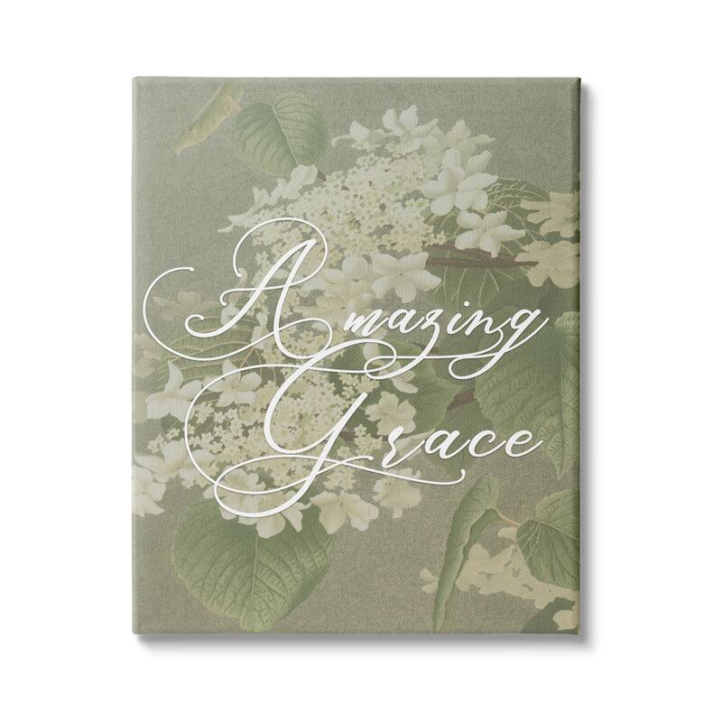 Stupell Amazing Grace Phrase Vintage White Flower Blossoms Canvas Wall Art - Green - 16 x 20
