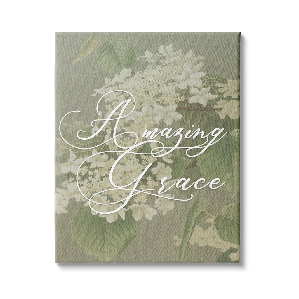 Stupell Amazing Grace Phrase Vintage White Flower Blossoms Canvas Wall Art - Green