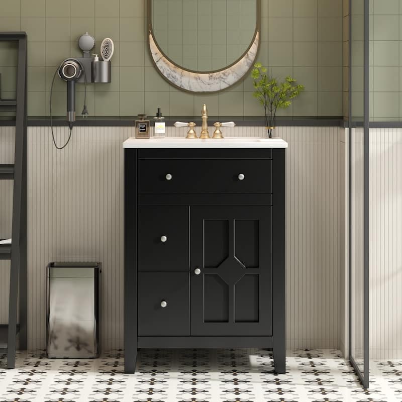 24" Modern Bathroom Vanity with Ceramic Basin,2 Drawers