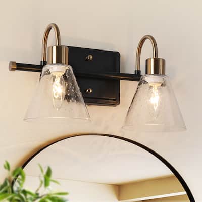 Modern Glam 2-Light Brass Crooked Arms Seeded Glass Bathroom Vanity Light - 14"W x 7"D x 8"H