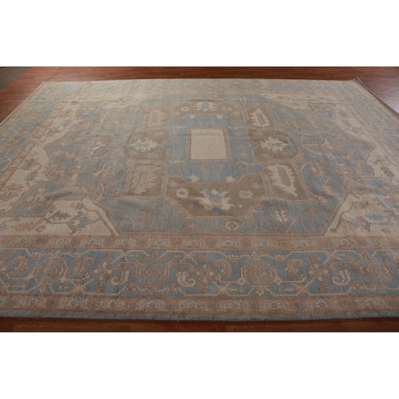 Hand Knotted Oriental 100% Wool Carpet Transitional Medallion Navy Blue & Blues Oushak Area Rug - 13' 7'' X 10' 0''