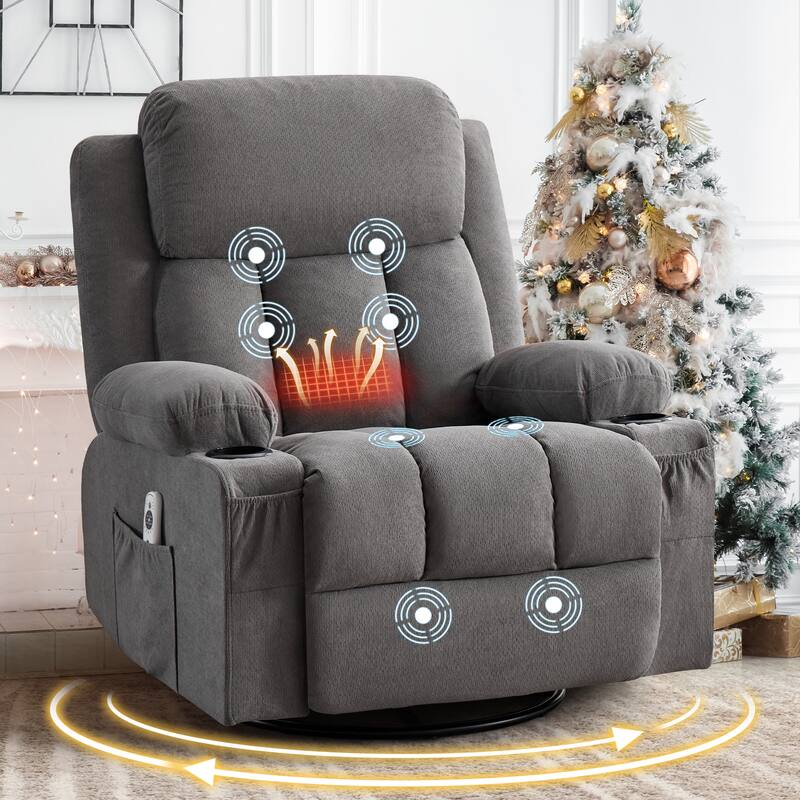 Swivel Rocker Recliner with Vibration Massage Heat USB Port Cup Holders