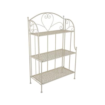 Modern Plant Stand with 3 Tier Shelves, Scrolled Floral White Metal