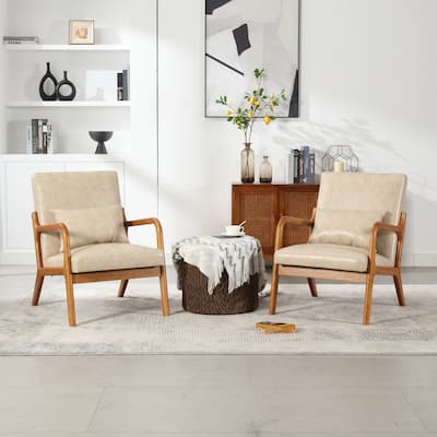 Khaki PU Lounge Armchairs, Wood Armrest Accent Chair, Reading Chair