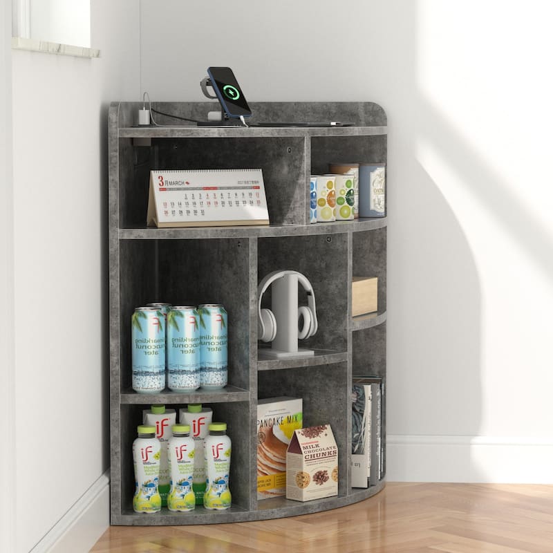 VECELO 4-Tier Adjustable Corner Bookshelf with Charging Station 3 AC Outlets & 2 USB Ports Waterproof Eco-Friendly Design