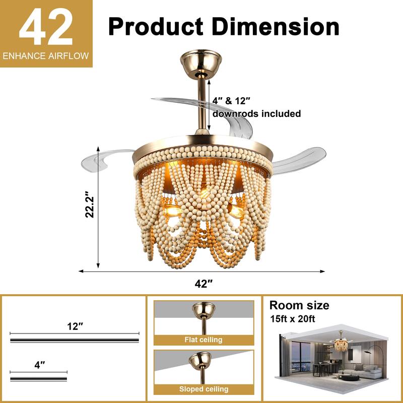 Cusp Barn 42" Retractable Ceiling Fan with Light, Farmhouse Wooden Bead Chandelier, Quiet DC Motor 6 Speeds Bohemian Ceiling Fan