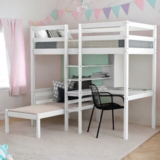 Twin Bunk Bed with Shelves and Ladder,Convertible Loft Bed with L-Shape Desk,Easy Assembly,White