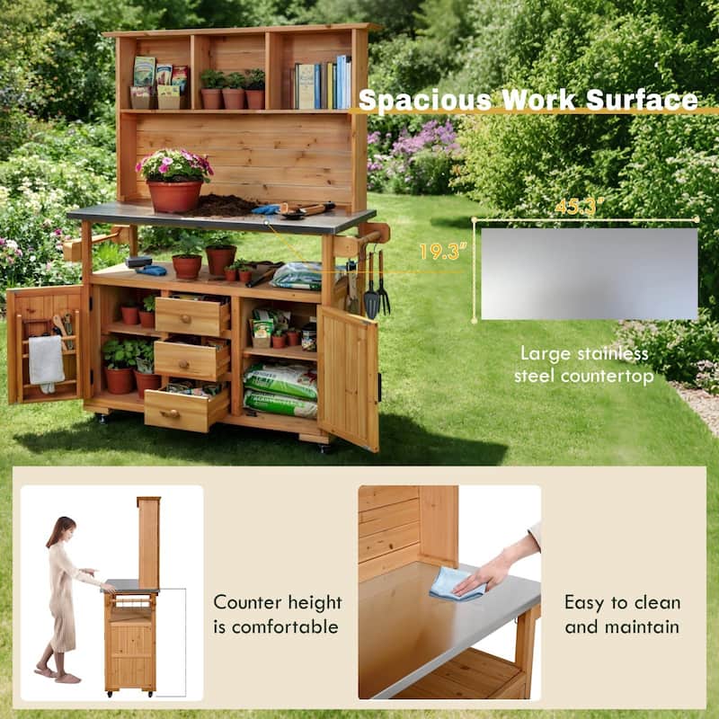 65''H Outdoor Potting Bench Garden Storage Table w/Lockable Wheels, Drawers, Cabinets & Side Hooks - N/A