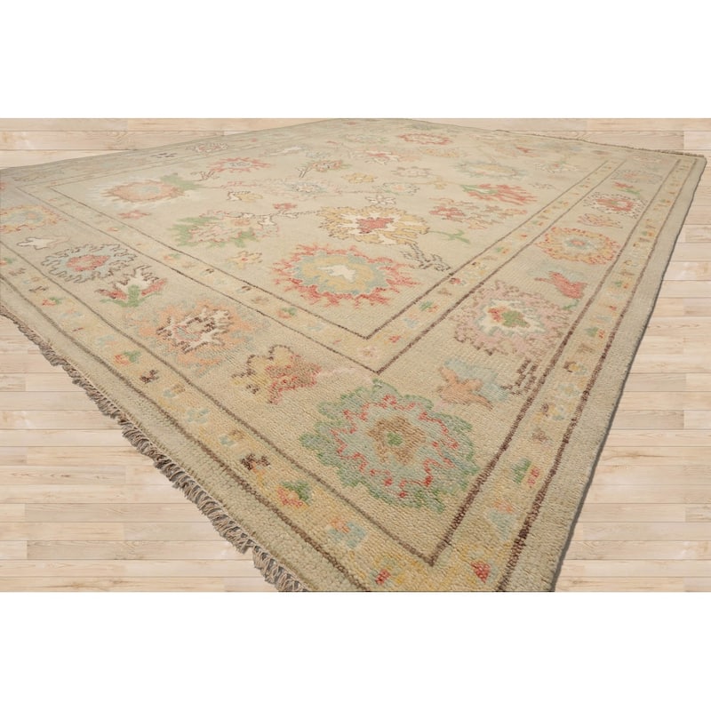 LoomBloom Beige Hand Knotted Wool Rug Arts & Crafts Oushak Style