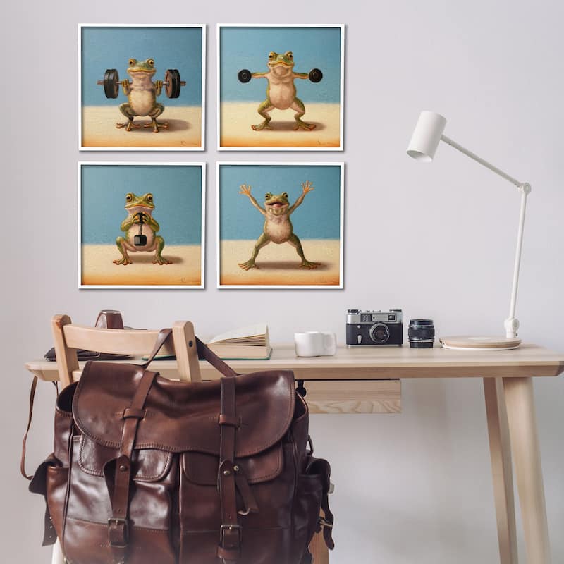 Stupell Weightlifting Frogs Various Workouts Framed Giclee Art Design By Lucia Heffernan (Set of 4)