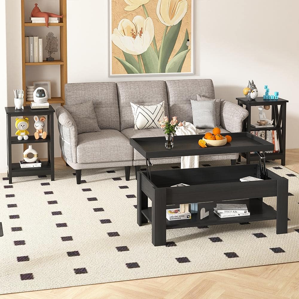 VECELO 3-piece Lift Top Coffee Table Set,Coffee Table with Hidden Storage and Shelves and Nightstands Set of 2