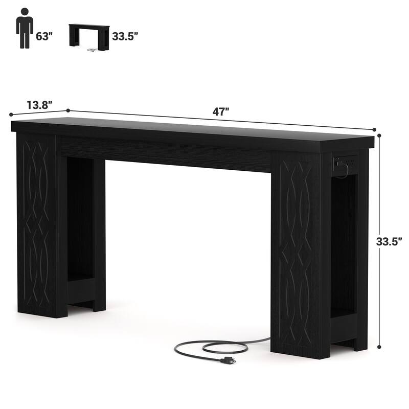 47" Farmhouse Console Table with RGB LED Light ＆ Power Outlets, Unique Carved Design Farmhouse Entryway Table Sofa Table